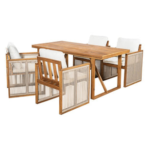 English Elm 5 Piece Acacia Wood Outdoor Dining Set with Woven Rope Chairs and Cushions for Patio Cream, Teak + Beige SD100006AAA