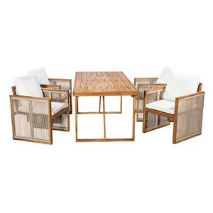 English Elm 5 Piece Acacia Wood Outdoor Dining Set with Woven Rope Chairs and Cushions for Patio Cream, Teak + Beige SD100006AAA