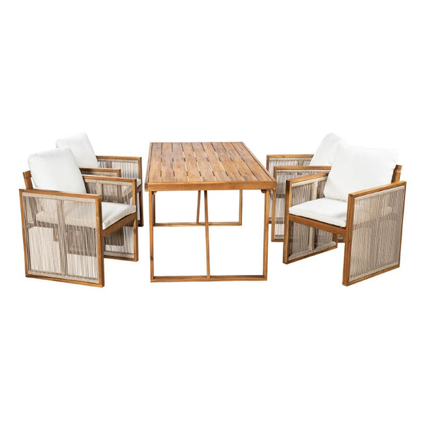 English Elm 5 Piece Acacia Wood Outdoor Dining Set with Woven Rope Chairs and Cushions for Patio Cream, Teak + Beige SD100006AAA