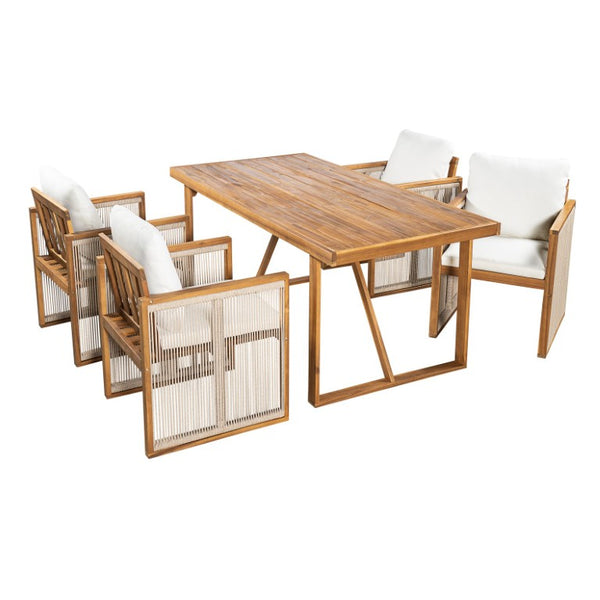 English Elm 5 Piece Acacia Wood Outdoor Dining Set with Woven Rope Chairs and Cushions for Patio Cream, Teak + Beige SD100006AAA