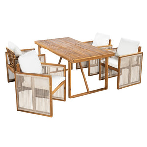 English Elm 5 Piece Acacia Wood Outdoor Dining Set with Woven Rope Chairs and Cushions for Patio Cream, Teak + Beige SD100006AAA