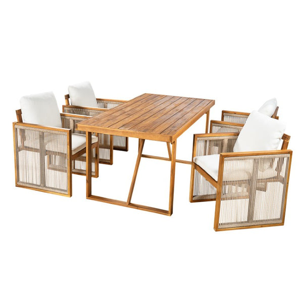 English Elm 5 Piece Acacia Wood Outdoor Dining Set with Woven Rope Chairs and Cushions for Patio Cream, Teak + Beige SD100006AAA
