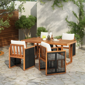 English Elm 5 Piece Acacia Wood Outdoor Dining Set with Woven Rope Chairs and Cushions for Patio Cream, Teak + Black SD100006AAB
