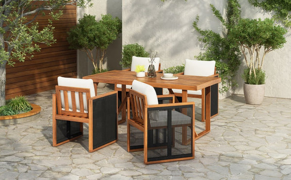 English Elm 5 Piece Acacia Wood Outdoor Dining Set with Woven Rope Chairs and Cushions for Patio Cream, Teak + Black SD100006AAB