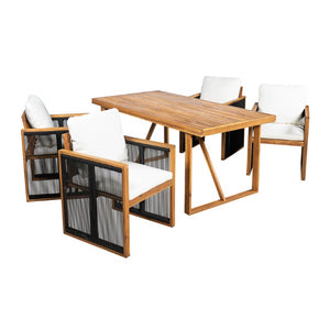 English Elm 5 Piece Acacia Wood Outdoor Dining Set with Woven Rope Chairs and Cushions for Patio Cream, Teak + Black SD100006AAB