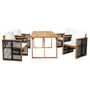 English Elm 5 Piece Acacia Wood Outdoor Dining Set with Woven Rope Chairs and Cushions for Patio Cream, Teak + Black SD100006AAB