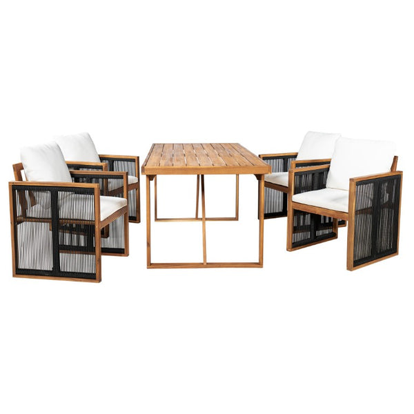 English Elm 5 Piece Acacia Wood Outdoor Dining Set with Woven Rope Chairs and Cushions for Patio Cream, Teak + Black SD100006AAB