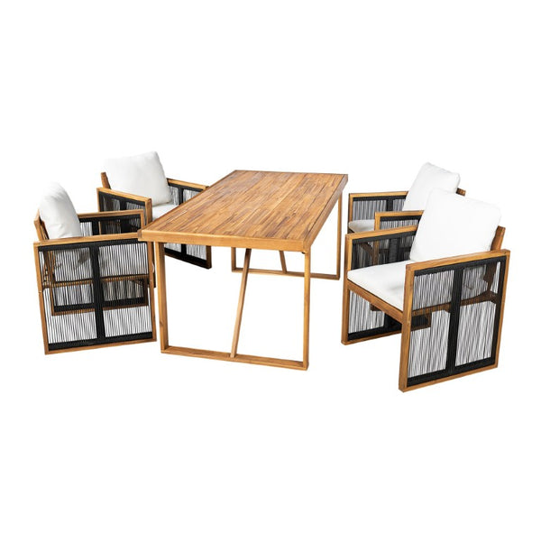 English Elm 5 Piece Acacia Wood Outdoor Dining Set with Woven Rope Chairs and Cushions for Patio Cream, Teak + Black SD100006AAB