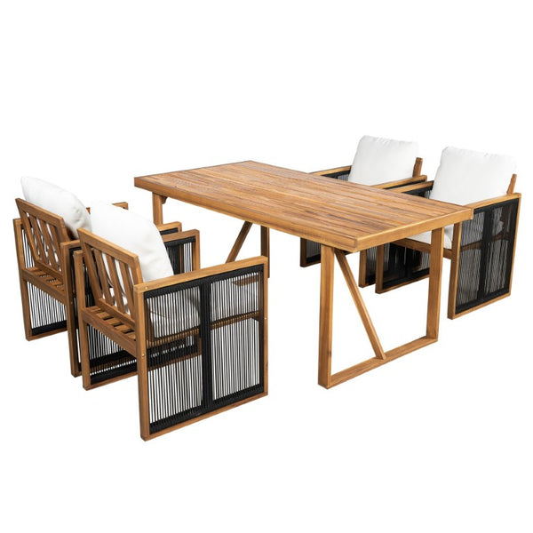 English Elm 5 Piece Acacia Wood Outdoor Dining Set with Woven Rope Chairs and Cushions for Patio Cream, Teak + Black SD100006AAB