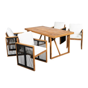 English Elm 5 Piece Acacia Wood Outdoor Dining Set with Woven Rope Chairs and Cushions for Patio Cream, Teak + Black SD100006AAB