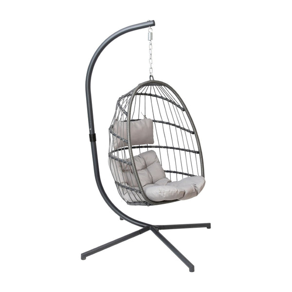 English Elm Cleo Patio Hanging Egg Chair - Boho Wicker Hammock with Plush Cushions & Sturdy C-Style Stand Gray SDA-AD608001-GY-GG