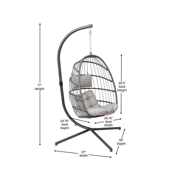 English Elm Cleo Patio Hanging Egg Chair - Boho Wicker Hammock with Plush Cushions & Sturdy C-Style Stand Gray SDA-AD608001-GY-GG