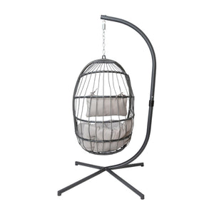 English Elm Cleo Patio Hanging Egg Chair - Boho Wicker Hammock with Plush Cushions & Sturdy C-Style Stand Gray SDA-AD608001-GY-GG