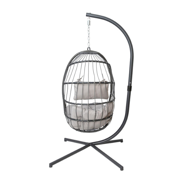 English Elm Cleo Patio Hanging Egg Chair - Boho Wicker Hammock with Plush Cushions & Sturdy C-Style Stand Gray SDA-AD608001-GY-GG