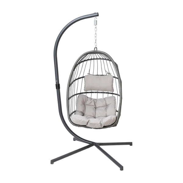 English Elm Cleo Patio Hanging Egg Chair - Boho Wicker Hammock with Plush Cushions & Sturdy C-Style Stand Gray SDA-AD608001-GY-GG