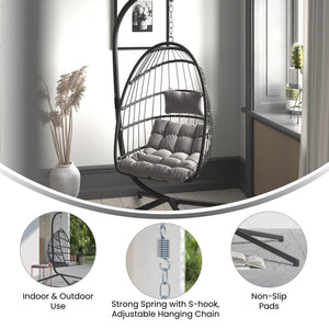 English Elm Cleo Patio Hanging Egg Chair - Boho Wicker Hammock with Plush Cushions & Sturdy C-Style Stand Gray SDA-AD608001-GY-GG