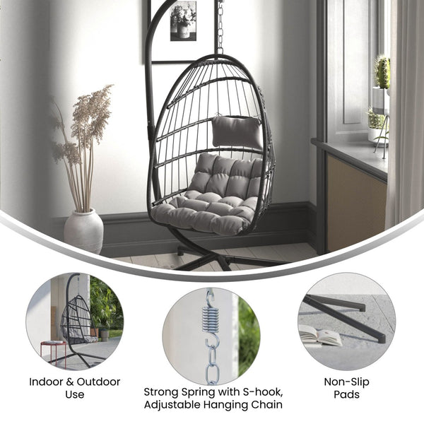 English Elm Cleo Patio Hanging Egg Chair - Boho Wicker Hammock with Plush Cushions & Sturdy C-Style Stand Gray SDA-AD608001-GY-GG