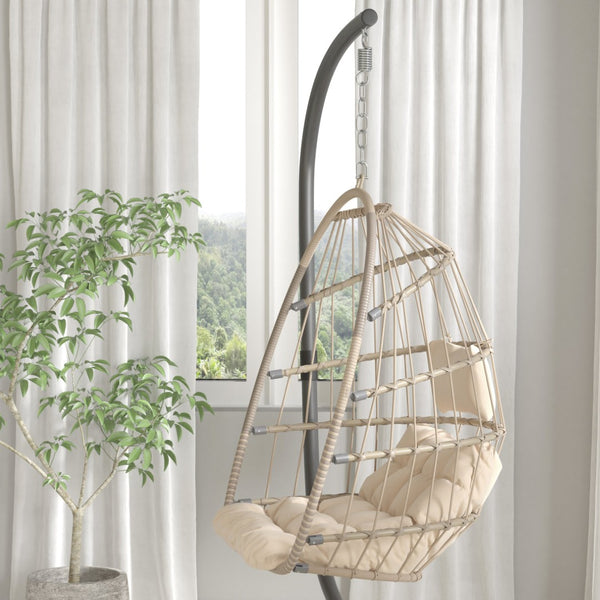 English Elm Cleo Patio Hanging Egg Chair - Boho Wicker Hammock with Plush Cushions & Sturdy C-Style Stand Natural SDA-AD608001-NAT-GG