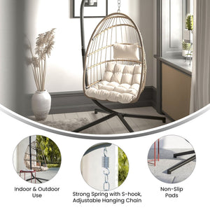 English Elm Cleo Patio Hanging Egg Chair - Boho Wicker Hammock with Plush Cushions & Sturdy C-Style Stand Natural SDA-AD608001-NAT-GG