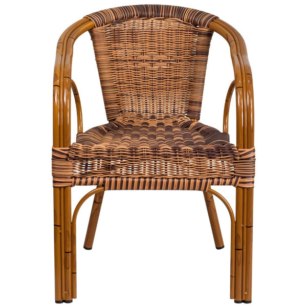 English Elm Cadiz Series Stylish Rattan Bistro Chair for Indoor and Outdoor Dining - Ergonomic & Durable Design Burning Brown Rattan/Dark Red Bamboo-Aluminum Frame SDA-AD632009D-1-GG