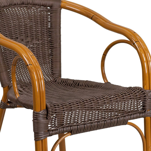 English Elm Cadiz Series Stylish Rattan Bistro Chair for Indoor and Outdoor Dining - Ergonomic & Durable Design Dark Brown Rattan/Red Bamboo-Aluminum Frame SDA-AD632009D-2-GG