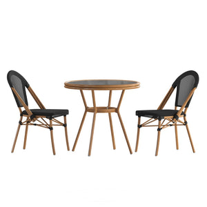 English Elm Marseille Bistro Set: Durable Indoor/Outdoor Table with Glass Top & 2 Comfortable Chairs for Cafés Black Textilene/Natural Frame SDA-AD641011-80-2107-BK-NAT-GG