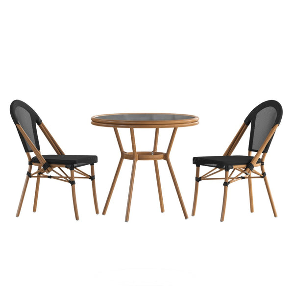 English Elm Marseille Bistro Set: Durable Indoor/Outdoor Table with Glass Top & 2 Comfortable Chairs for Cafés Black Textilene/Natural Frame SDA-AD641011-80-2107-BK-NAT-GG