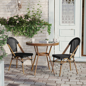 English Elm Marseille Bistro Set: Durable Indoor/Outdoor Table with Glass Top & 2 Comfortable Chairs for Cafés Black Textilene/Natural Frame SDA-AD641011-80-2107-BK-NAT-GG
