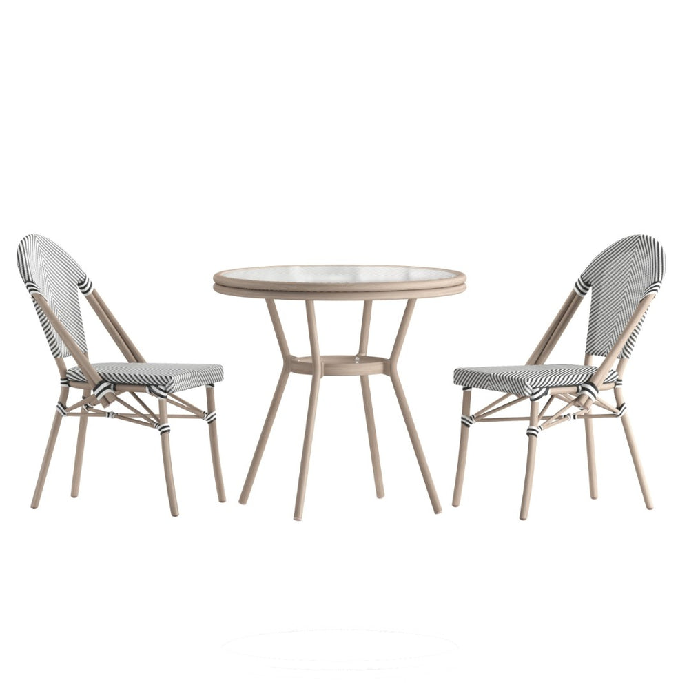 English Elm Marseille Bistro Set: Durable Indoor/Outdoor Table with Glass Top & 2 Comfortable Chairs for Cafés Black & White Textilene/Light Natural Frame SDA-AD641011-80-2107-BLKWH-LTNAT-GG