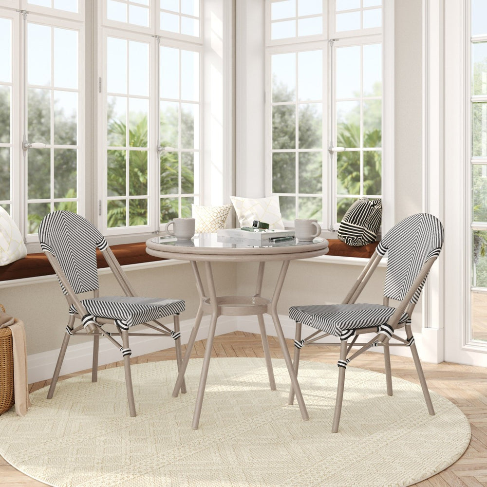 English Elm Marseille Bistro Set: Durable Indoor/Outdoor Table with Glass Top & 2 Comfortable Chairs for Cafés Black & White Textilene/Light Natural Frame SDA-AD641011-80-2107-BLKWH-LTNAT-GG