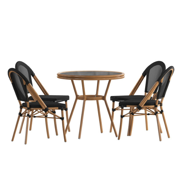 English Elm Marseille Indoor/Outdoor Bistro Set - 31.5" Tempered Glass Table & 4 Durable Textilene Chairs Black Textilene/Natural Frame SDA-AD641011-80-4107-BK-NAT-GG