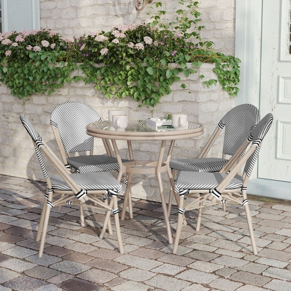English Elm Marseille Indoor/Outdoor Bistro Set - 31.5" Tempered Glass Table & 4 Durable Textilene Chairs Black & White Textilene/Light Natural Frame SDA-AD641011-80-4107-BLKWH-LTNAT-GG
