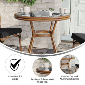 English Elm Marseille Bistro Table – Commercial-Grade Indoor/Outdoor Charm with Durable Glass Top & Aluminum Frame Black Textilene/Natural Frame 31.5" Round SDA-AD641011-80-BK-NAT-GG