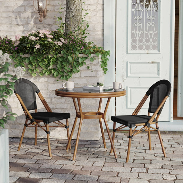 English Elm Marseille Bistro Table – Commercial-Grade Indoor/Outdoor Charm with Durable Glass Top & Aluminum Frame Black Textilene/Natural Frame 31.5" Round SDA-AD641011-80-BK-NAT-GG