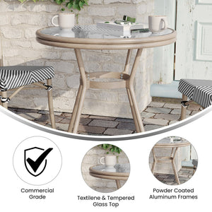English Elm Marseille Bistro Table – Commercial-Grade Indoor/Outdoor Charm with Durable Glass Top & Aluminum Frame Black & White Textilene/Light Natural Frame 31.5" Round SDA-AD641011-80-BLKWH-LTNAT-GG