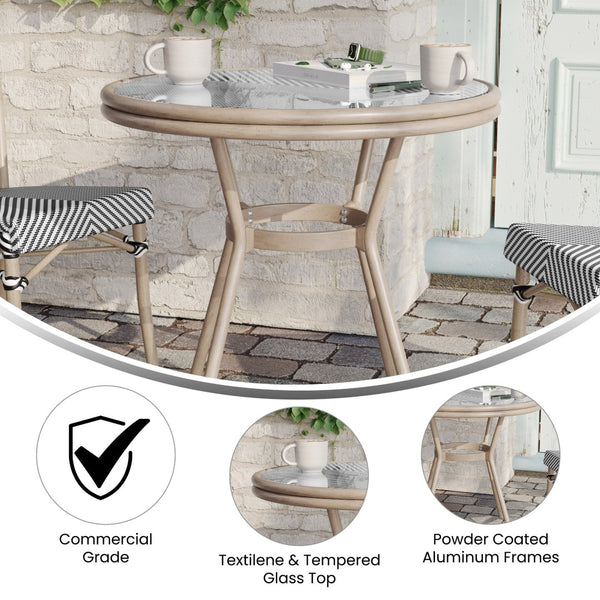 English Elm Marseille Bistro Table – Commercial-Grade Indoor/Outdoor Charm with Durable Glass Top & Aluminum Frame Black & White Textilene/Light Natural Frame 31.5" Round SDA-AD641011-80-BLKWH-LTNAT-GG