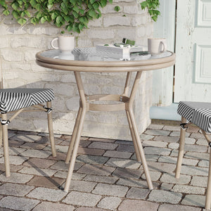 English Elm Marseille Bistro Table – Commercial-Grade Indoor/Outdoor Charm with Durable Glass Top & Aluminum Frame Black & White Textilene/Light Natural Frame 31.5" Round SDA-AD641011-80-BLKWH-LTNAT-GG