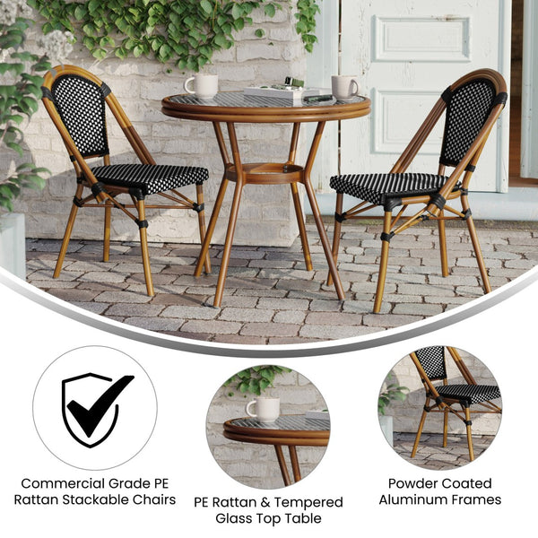 English Elm Bordeaux Indoor/Outdoor Bistro Set - Commercial-Grade 31.5" Table with 2 Stackable Chairs for Dining Black & White Rattan/Natural Frame SDA-AD641012-80-2001-BKWH-NAT-GG