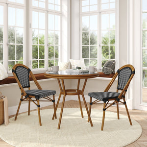 English Elm Bordeaux Indoor/Outdoor Bistro Set - Commercial-Grade 31.5" Table with 2 Stackable Chairs for Dining Black & White Rattan/Natural Frame SDA-AD641012-80-2001-BKWH-NAT-GG