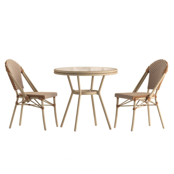 English Elm Lourdes Indoor/Outdoor Bistro Set - 31.5" Round Table with Glass Top & 2 Stackable Chairs for Dining Natural & White Rattan/Light Natural Frame SDA-AD641012-80-2001-F-NATWH-LTNAT-GG