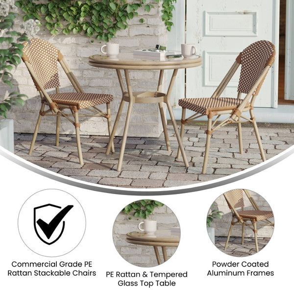 English Elm Lourdes Indoor/Outdoor Bistro Set - 31.5" Round Table with Glass Top & 2 Stackable Chairs for Dining Natural & White Rattan/Light Natural Frame SDA-AD641012-80-2001-F-NATWH-LTNAT-GG