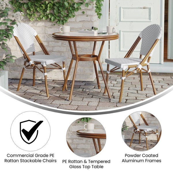 English Elm Lourdes Indoor/Outdoor Bistro Set - 31.5" Round Table with Glass Top & 2 Stackable Chairs for Dining White & Gray Rattan/Natural Frame SDA-AD641012-80-2001-F-WHGY-NAT-GG