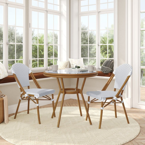 English Elm Lourdes Indoor/Outdoor Bistro Set - 31.5" Round Table with Glass Top & 2 Stackable Chairs for Dining White & Gray Rattan/Natural Frame SDA-AD641012-80-2001-F-WHGY-NAT-GG