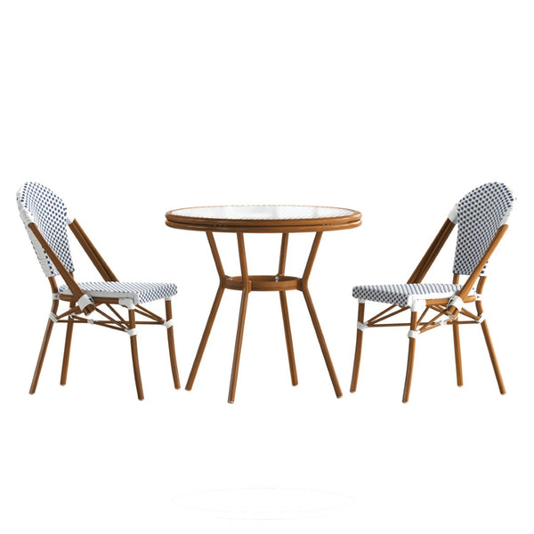English Elm Lourdes Indoor/Outdoor Bistro Set - 31.5" Round Table with Glass Top & 2 Stackable Chairs for Dining White & Navy Rattan/Natural Frame SDA-AD641012-80-2001-F-WHNVY-NAT-GG