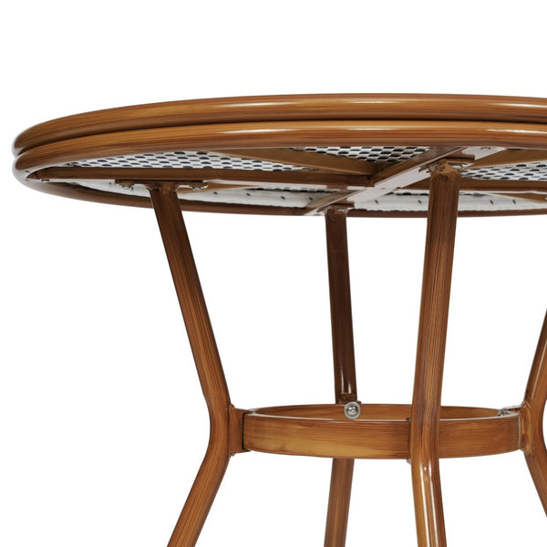 English Elm Lourdes Indoor/Outdoor Bistro Set - 31.5" Round Table with Glass Top & 2 Stackable Chairs for Dining White & Navy Rattan/Natural Frame SDA-AD641012-80-2001-F-WHNVY-NAT-GG