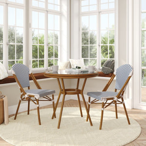 English Elm Lourdes Indoor/Outdoor Bistro Set - 31.5" Round Table with Glass Top & 2 Stackable Chairs for Dining White & Navy Rattan/Natural Frame SDA-AD641012-80-2001-F-WHNVY-NAT-GG