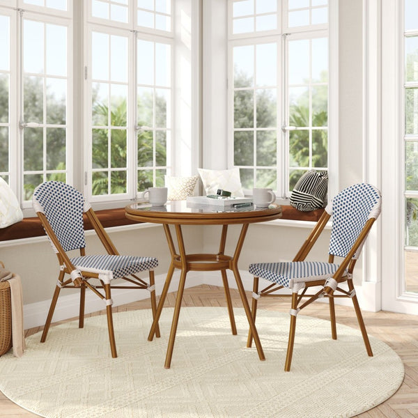 English Elm Lourdes Indoor/Outdoor Bistro Set - 31.5" Round Table with Glass Top & 2 Stackable Chairs for Dining White & Navy Rattan/Natural Frame SDA-AD641012-80-2001-F-WHNVY-NAT-GG