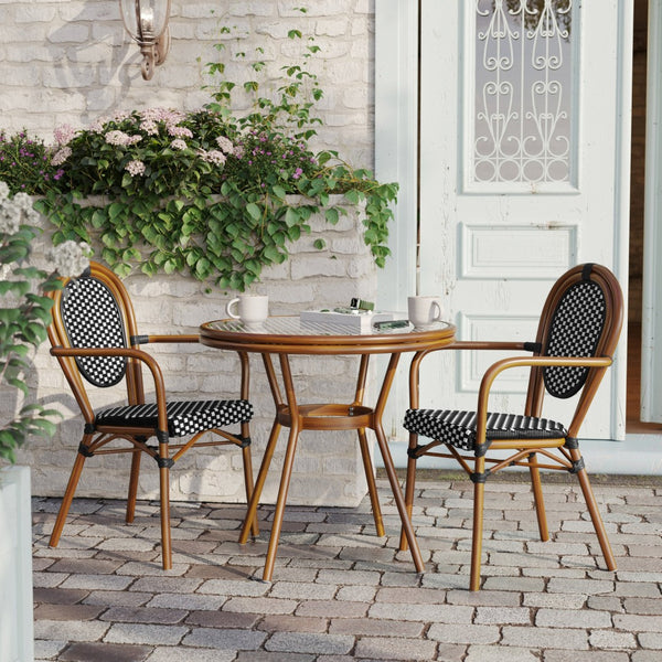English Elm Lourdes Indoor/Outdoor Bistro Set: Stylish 31.5" Table with Durable Stackable Chairs for Cafés & Patios SDA-AD641012-80-2002A-BKWH-NAT-GG