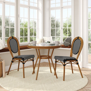 English Elm Lourdes Indoor/Outdoor Bistro Set: 31.5" Glass Top Table with 2 Stackable Chairs for Cafés & Patios SDA-AD641012-80-2002S-BKWH-NAT-GG