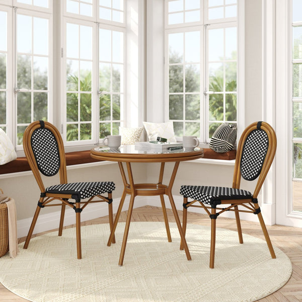 English Elm Lourdes Indoor/Outdoor Bistro Set: 31.5" Glass Top Table with 2 Stackable Chairs for Cafés & Patios SDA-AD641012-80-2002S-BKWH-NAT-GG